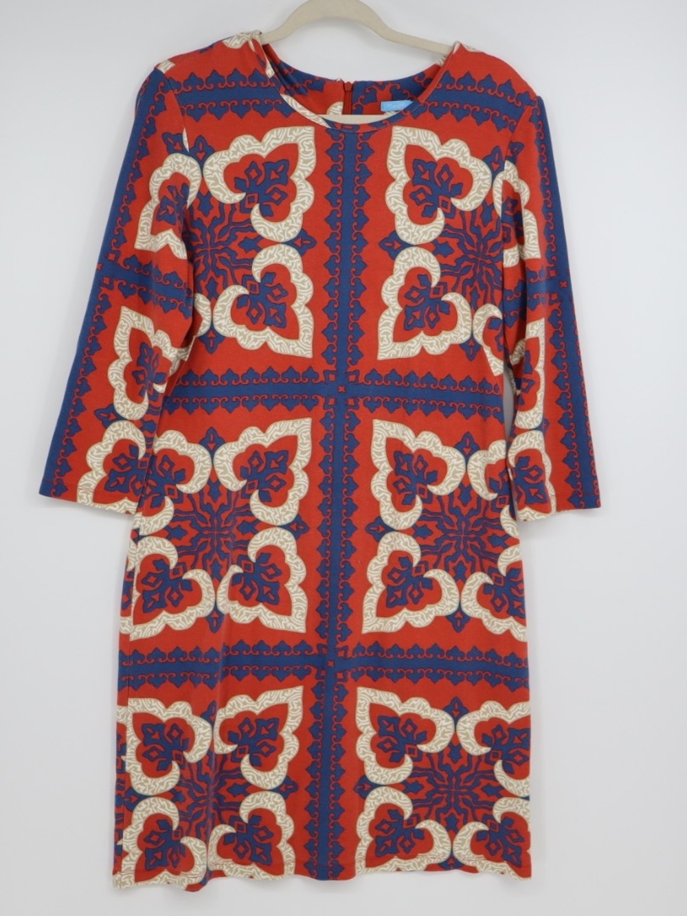 J. McLaughlin Womens Large Red Blue Ivory Geometric Print 3/4 Sleeve Shift Dress